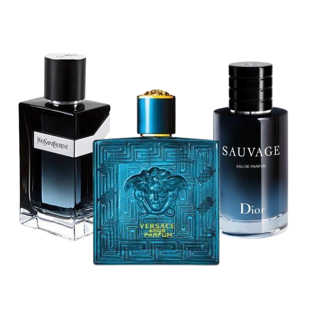 3 parfums Dior SAUVAGE, Yves Saint Laurent Y MEN und Versace EROS