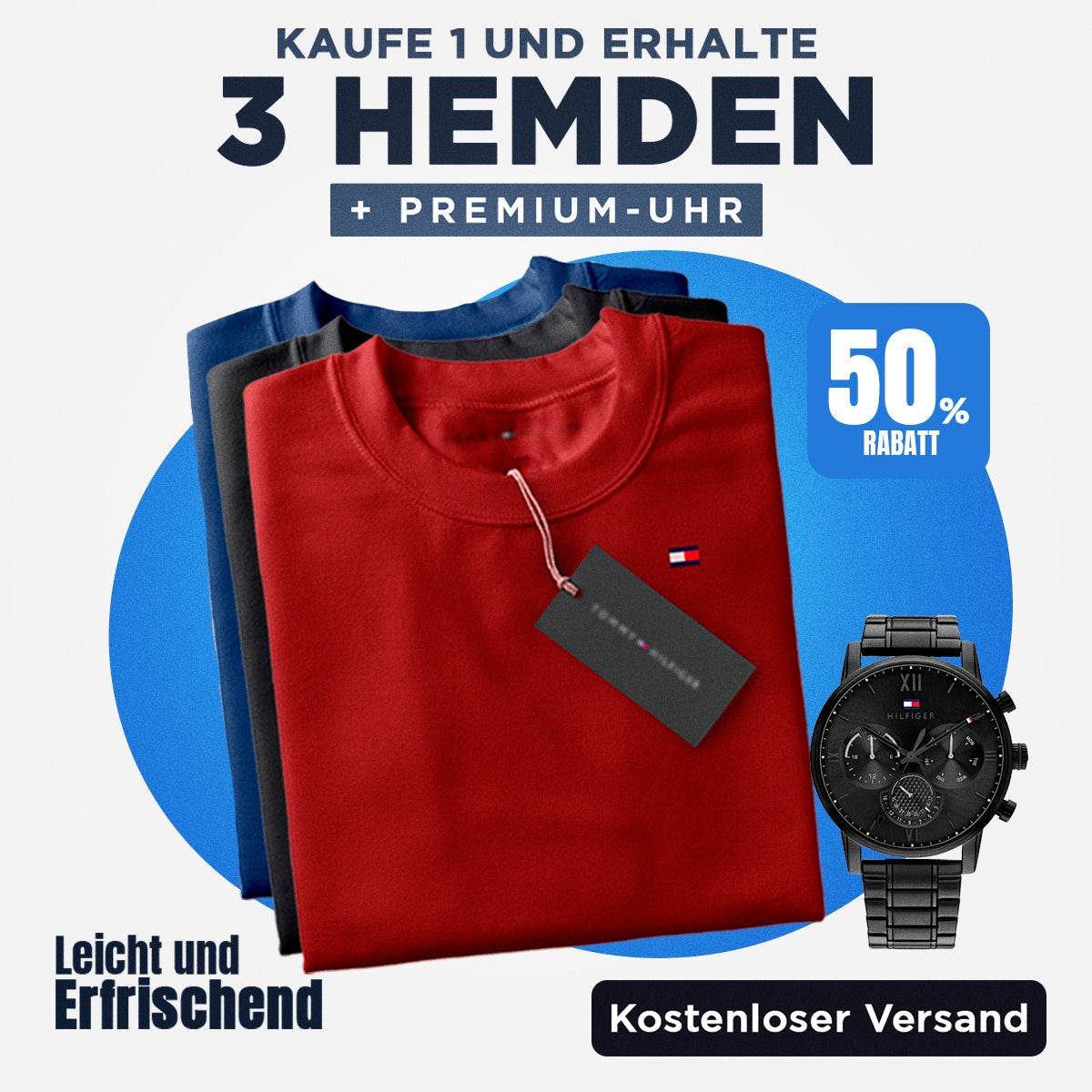 [KAUFEN SIE 1 NEHMEN SIE 4] Kit 3 Tommy T-Shirts + Tommy-Uhr als Geschenk