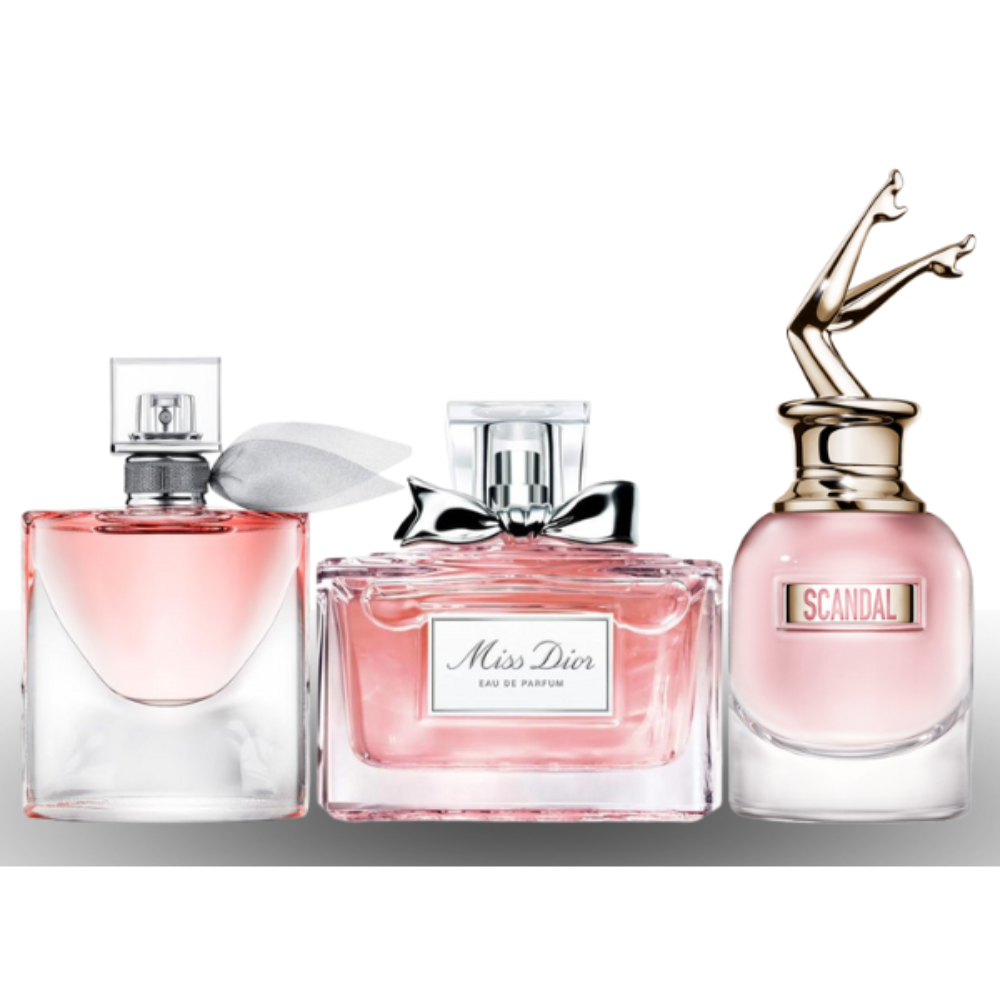 Kombination von 3 Damenparfums – La Vie est Belle, Miss Dior und Scandal